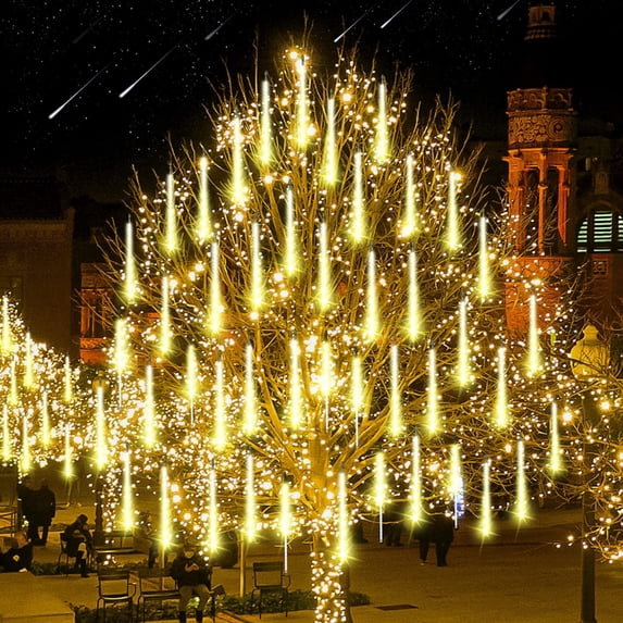 Asisol Christmas Lights Outdoor Meteor Shower Rain Lights, 8 Tubes 192 LEDs 12 Inch Waterproof Plug in Falling Rain String Lights for Halloween Xmas Holiday Party Home Patio Decoration, Warm White