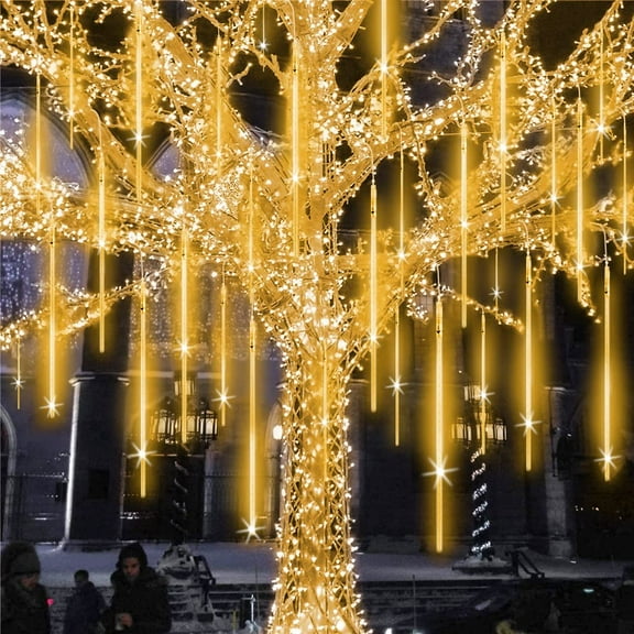 Asisol Christmas Meteor Shower Lights Outdoor, 12 inch 8 Tube 192 LEDs White Meteor Lights, Raindrop Snowfall Icicle Lights for Tree Yard Party Patio Christmas Decoration, Warm White