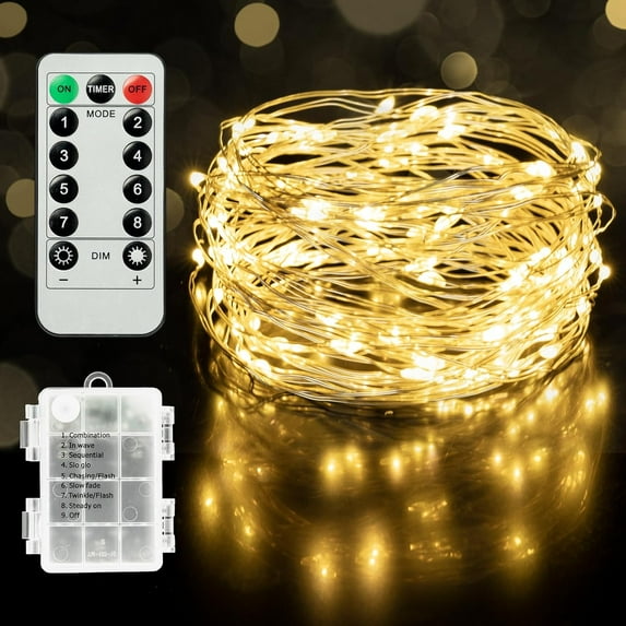 Asisol Fairy Lights, 33ft 100 LED Battery Operated Waterproof String Lights with Remote, Timer & 8 Lighting Modes for Indoor Outdoor Wedding Party Decorations, Warm White