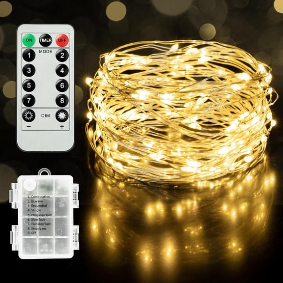 Asisol Fairy Lights, 33ft 100 LED Battery Operated Waterproof String Lights with Remote, Timer & 8 Lighting Modes for Indoor Outdoor Wedding Party Decorations, Warm White
