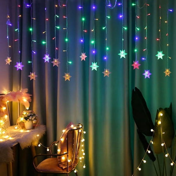 ZOELNIC Window Curtain String Lights 11.5ft 96 LED Christmas Fairy Hanging Lights Plug in 8 Modes Window Lights with 16 Drops for Indoor Outdoor Party Home Decorations (Multicolor)