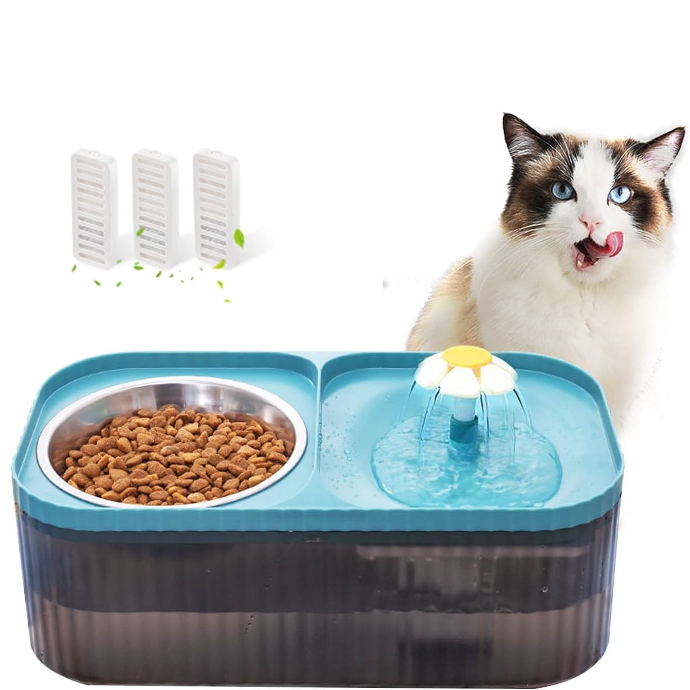 Asivwid Cat Water Fountain and Food Bowl, 3L/101oz Ultra Quiet Pet Water Dispenser with Smart Pump and 3 Replacement Filters, Automatic Flower Fountain & Stainless Steel Bowl for Dog Cat