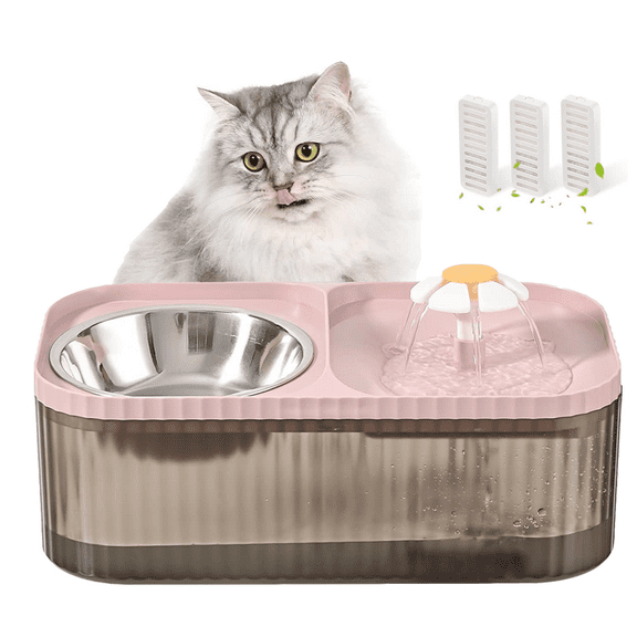 Asivwid Cat Water Fountain and Food Bowl, 3L/101oz Ultra Quiet Pet Water Dispenser with Smart Pump and 3 Replacement Filters, Automatic Flower Fountain & Stainless Steel Bowl for Dog Cat