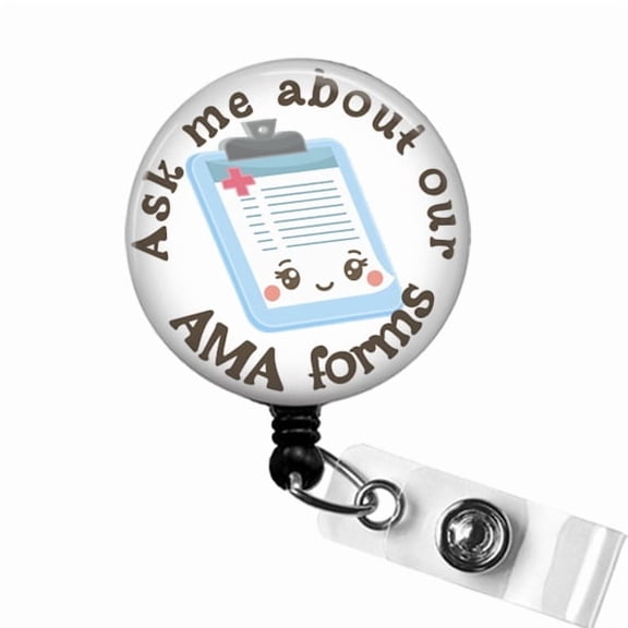 Ask Me About Our AMA Forms Badge Reel, Funny ER Nurse ID Clip, ICU ED Nurse Gift, Sarcastic Doctor Badge | Scrapheart