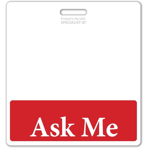 Ask Me Badge Buddy - Horizontal Customer Service ID Backer - Heavy Duty Role Identifier for Retail Floaters, Event Staff & Concierge - Oversized Badge Holder - USA Printed (Red)