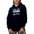 thumbnail image 1 of Ask Me About My Lipstick, Beauty Themed Merch Gift for Makeup Artist or Lovers, Cosmetologists & Beauticians, Navy Blue Hooded Sweatshirt or Hoodie, Medium, 1 of 5