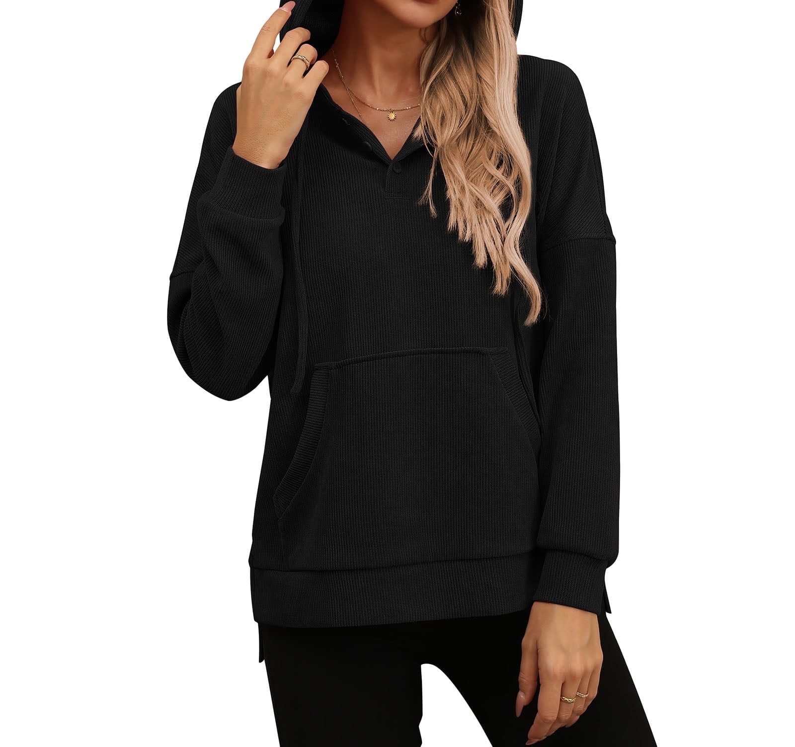 Womens Fall Winter Solid Color Crew Neck Side Slit Hoodie Set