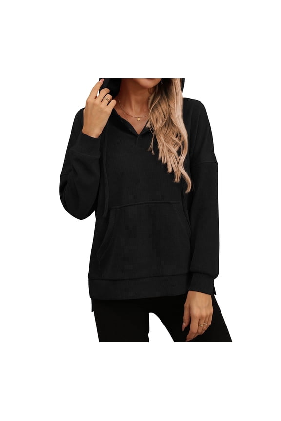 Women's Long Sleeve Fall Side Spilt Hoodies with kangroo pocket Lightweight Sweatshirts,US SIZE,Black,XXL