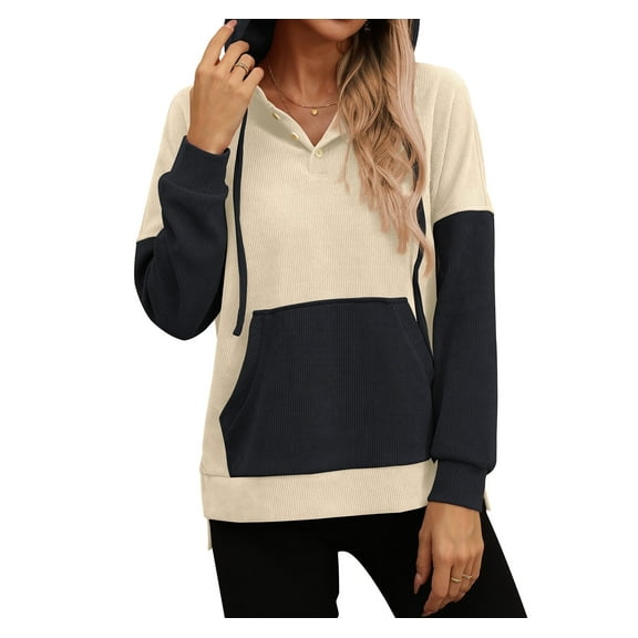 AskLazy Women's Long Sleeve Fall Side Spilt Hoodies with kangroo pocket Lightweight Sweatshirts,US SIZE,Colorblock Beige,M