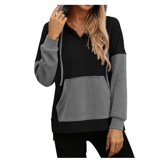 AskLazy Women's Long Sleeve Fall Side Spilt Hoodies with kangroo pocket Lightweight Sweatshirts,US SIZE,Colorblock Black,M