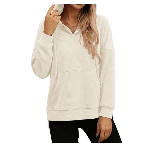 AskLazy Women's Long Sleeve Fall Side Spilt Hoodies with kangroo pocket Lightweight Sweatshirts,US SIZE,White,M