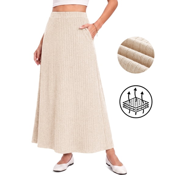 AskLazy Women's Maxi Skirt with Pockets,Ribbed Knit High Waisted Flowy A-Line Maxi Skirt,Comfortable Casual Wear,Family,Apricot,XL