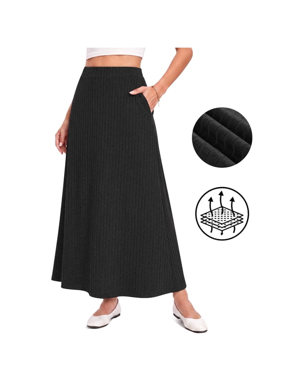 Women's Maxi Skirt with Pockets,Ribbed Knit High Waisted Flowy A-Line Maxi Skirt,Comfortable Casual Wear,Black Cat,Black,2XL