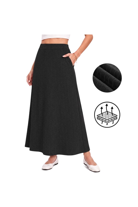 Women's Ribbed Knit Maxi Skirt with Pockets,High Waisted Flowy A-Line Long Skirt,Comfortable Casual Wear,US Size,Black,L