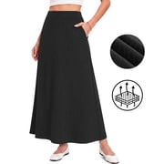 AskLazy Women's Maxi Skirt with Pockets,Ribbed Knit High Waisted Flowy A-Line Maxi Skirt,Comfortable Casual Wear,Black Cat,Black,S