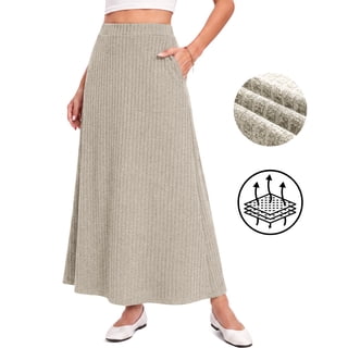 AskLazy Women's Maxi Skirt with Pockets,Ribbed Knit High Waisted Flowy A-Line Maxi Skirt,Comfortable Casual Wear,Family,Khaki,L