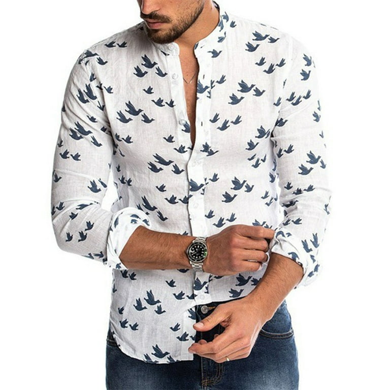 Askfv Men's Casual Flying Bird Print Stand Collar Shirt Long