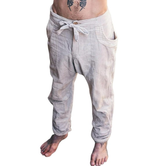 Askfv Mens Casual Linen Pants Loose Fit Straight-Legs Elastic Drawstring Waist Beach Long Pant