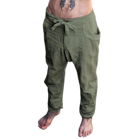 Askfv Mens Casual Linen Pants Loose Fit Straight-Legs Elastic Drawstring Waist Beach Long Pant