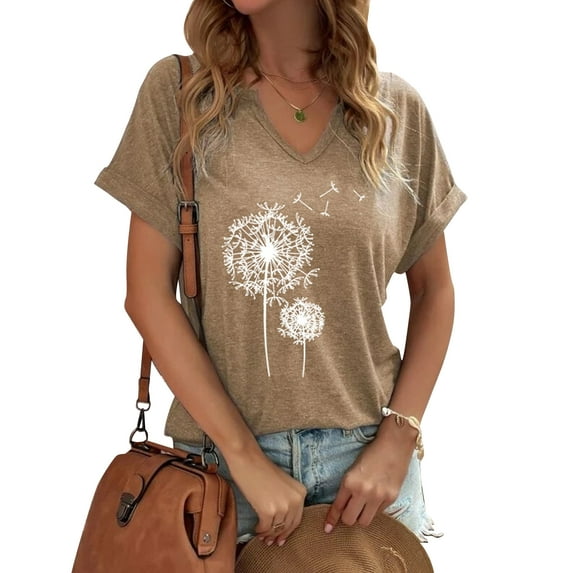 Askfv Women's Dandelions Printed Shirt Casual V Neck Basic Short Sleeve T Shirts Blouse Tops