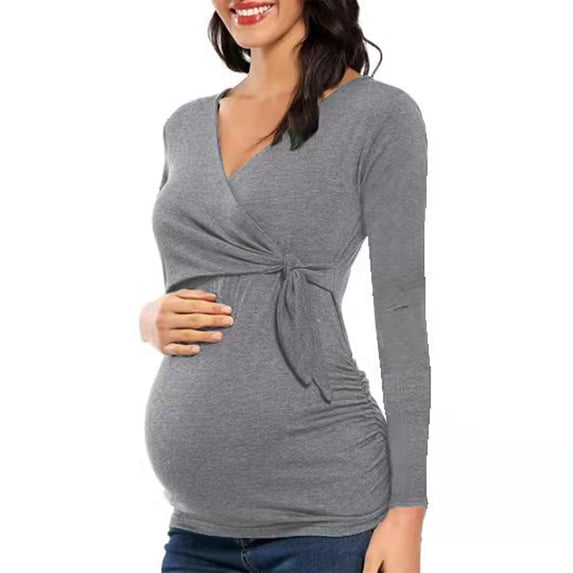 Askfv Women's Maternity Shirts Short&Long Sleeve V-Neck Comformation Cute Maternity Tops