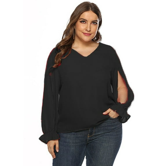 Askfv Women's Plus Size Casual Chiffon Loose Shirt Balloon Sleeve V-Neck Blouse Top