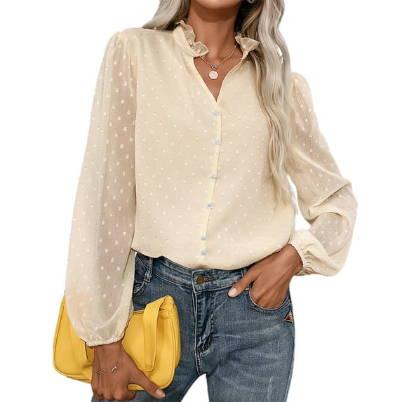 Askfv Women' s Swiss Dot Summer Shirt Chiffon Blouses V Neck Pom Pom Shirt Long Sleeve Jacquard Casual Top