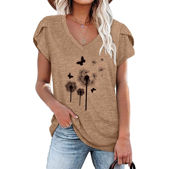 Askfv Women's T Shirt Dandelions Printed Shirt Casual Ruffle Sleeve T Shirts Blouse Tops