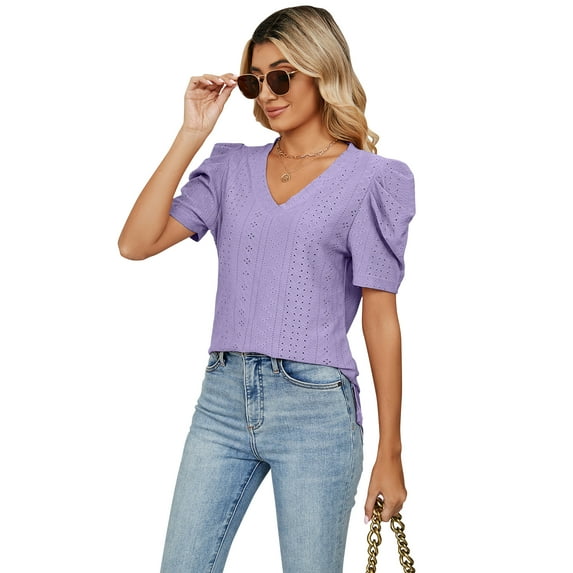 Askfv Women's T Shirts V Neck Puff Sleeve Summer Shirt Tops Casual Tshirts