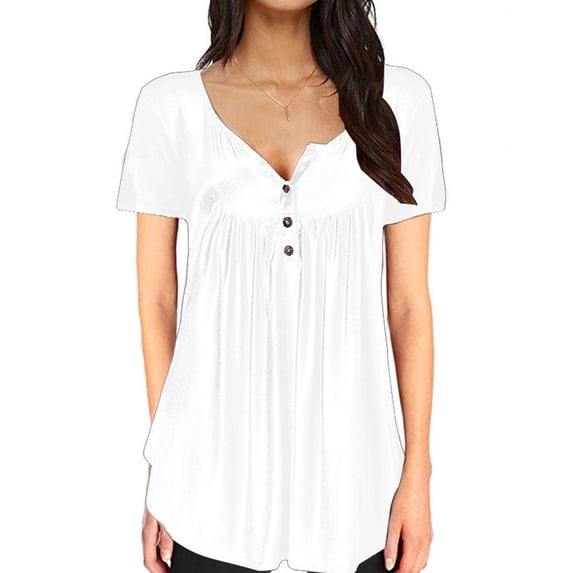 Askfv Women's Tunic Tops-Summer Henley Shirts Button up Tunic Tops Casual Short Sleeve Blouse Solid Color T-Shirts