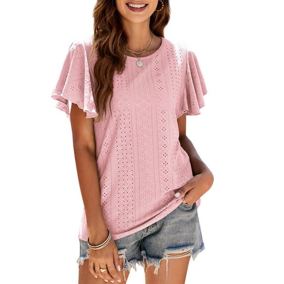 Askfv Womens Ruffle Shirts Summer T-Shirts Short Sleeve Tops Round Neck Tunic Tee Blouse