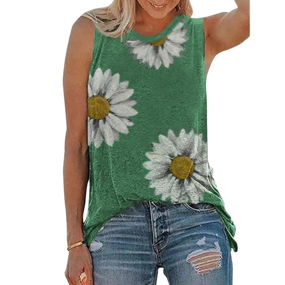 Askfv Womens Tank Tops Summer T Shirts Sleeveless Casual Loose Tunic Blouses Daisy Print