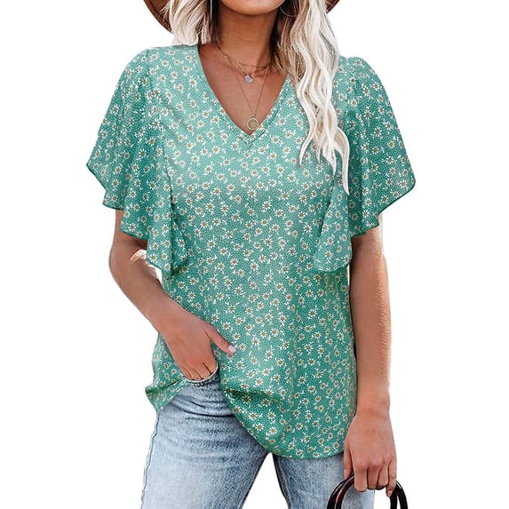 Askfv Womens Tops Casual Summer Tops Short Ruffle Sleeve Floral V Neck Blouses Casual T Shirts