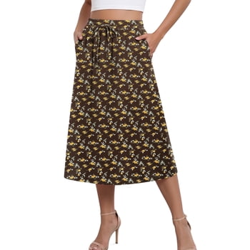 Asklazy Womens Flowy A-Line Long Skirt Pleated Elastic High Waist Drawstring Skirts with Pockets,Mother's Day,Brown Flower,L
