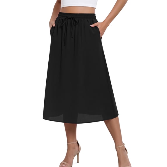 Asklazy Womens Flowy A-Line Long Skirt Pleated Elastic High Waist Drawstring Skirts with Pockets,Mother's Day,Black,L