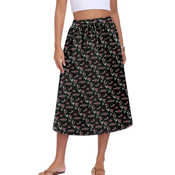 Asklazy Womens Flowy A-Line Long Skirt Pleated Elastic High Waist Drawstring Skirts with Pockets,Mother's Day,Black Flower,2XL