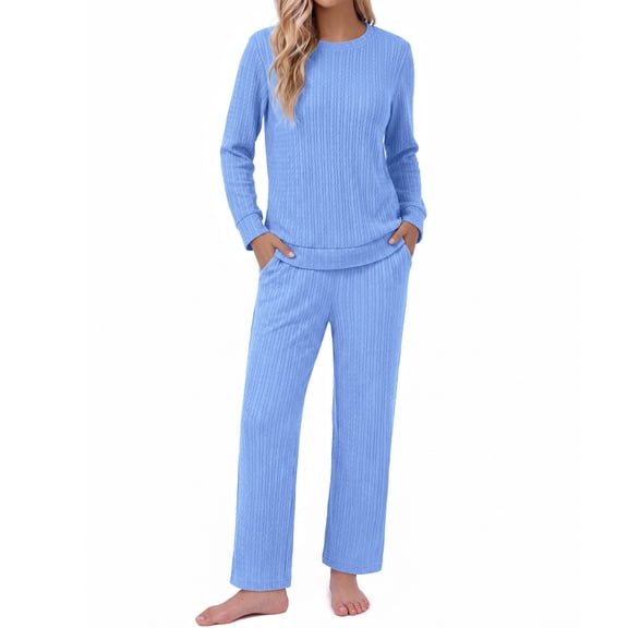 Asklazy Women's 2 Piece Lounge Set, Textured Knit Long Sleeve Top and Wide Leg Pants with Pockets,Thanksgiving,Blue,S-2XL