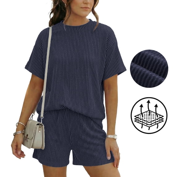 Asklazy Two Piece Sets for Women Summer Travel Vacation Outfits Pleated Short Sleeve Lounge Sets,Mother‘s Day,Navy blue,2XL