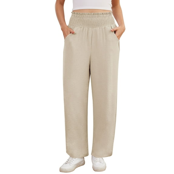 Asklazy Wide Leg Pants for Women Lightweiht Elastic Waisted Palazzo Trousers,US Size,Almond,S