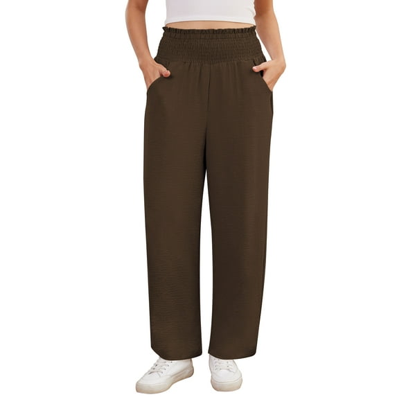 Asklazy Wide Leg Pants for Women Lightweiht Elastic Waisted Palazzo Trousers,US Size,Chocolate,S