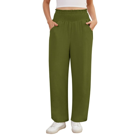 Asklazy Wide Leg Pants for Women Lightweiht Elastic Waisted Palazzo Trousers,US Size,Fern Green,L