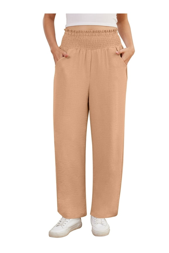 Wide Leg Pants for Women Lightweiht Elastic Waisted Palazzo Trousers,US Size,Flesh Pink,(S-2XL)