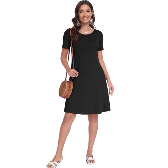 Asklazy Women's Midi Dress Flowy Short Sleeve with Pockets, Summer Dress ,Black,L