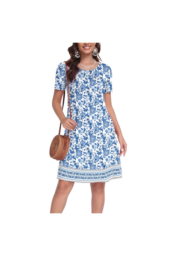Women's Midi Dress Short Sleeve Casual Floral T Shirt Dresses with Pockets,Mother's Day ,Mandala Boho Print(S-2XL)