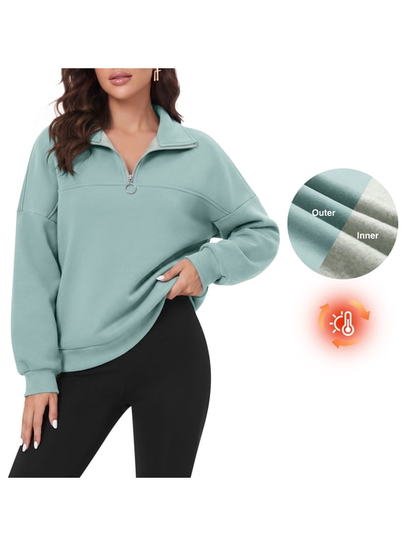Women's Warm Fleece Lined Half Zip Sweatshirt Loose Casual Pullover Fall Top,Christmas,Gray Green,L