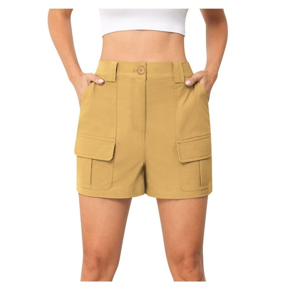 Asklazy Women High Waist Pockets overalls Shorts Summer Casual Shorts,US Size,Khaki,M