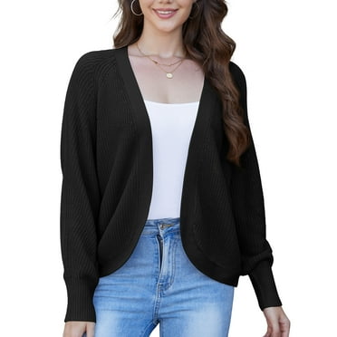Asklazy Women's Loose Knit Lantern Seleeve Ribbed Sweater Open Front Caridigan,Black,L
