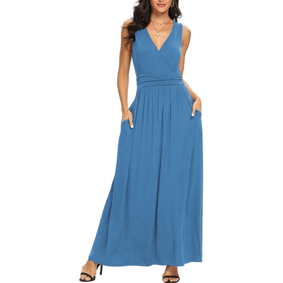 Asklazy Women Sleeveless Deep V Neck Loose Plain Long Maxi Casual Dress,Mother's Day,2XL,Light blue