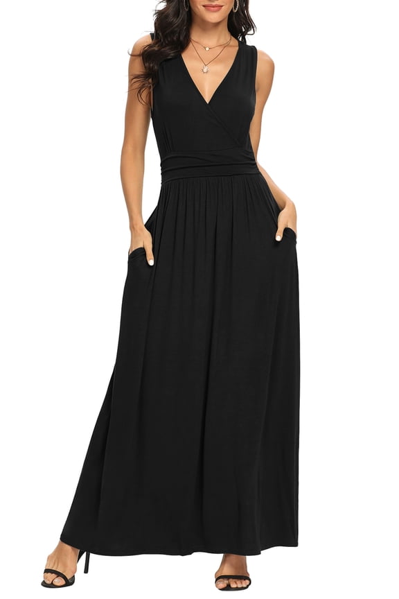 Women Sleeveless Deep V Neck Loose Plain Long Maxi Casual Dress,Mother's Day,3XL,Black