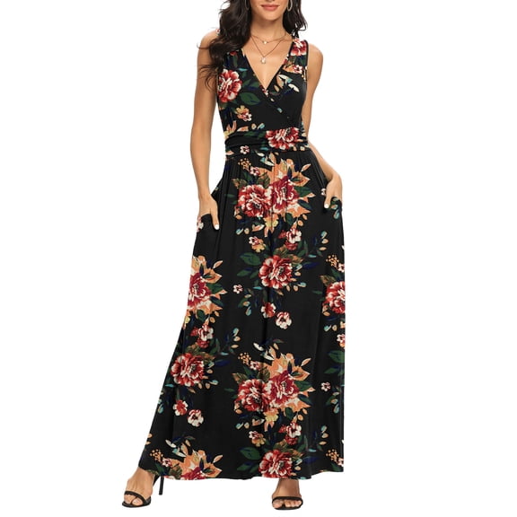 Asklazy Women Sleeveless Deep V Neck Loose Plain Long Maxi Casual Dress,Mother's Day,L,GARDEN FLORALS